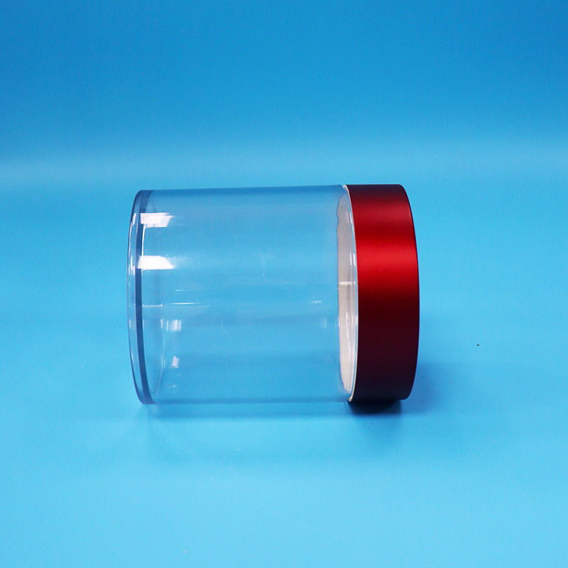 ফুড গ্রেড ক্যান্ডি কুকি ডাইসড ফিগার স্বচ্ছ পিইটি প্লাস্টিকের বৃত্তাকার জার স্ক্রু লাল ঢাকনা
