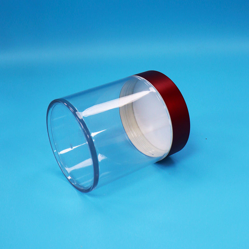 ফুড গ্রেড ক্যান্ডি কুকি ডাইসড ফিগার স্বচ্ছ পিইটি প্লাস্টিকের বৃত্তাকার জার স্ক্রু লাল ঢাকনা