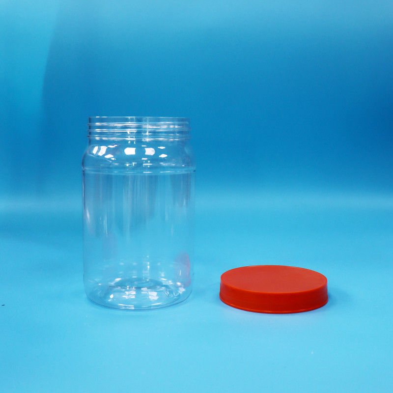 স্বচ্ছ পিইটি প্লাস্টিক বৃত্তাকার খাদ্য মিষ্টি কুকিজ প্যাকেজিং জার লাল রঙের স্ক্রু ক্যাপ