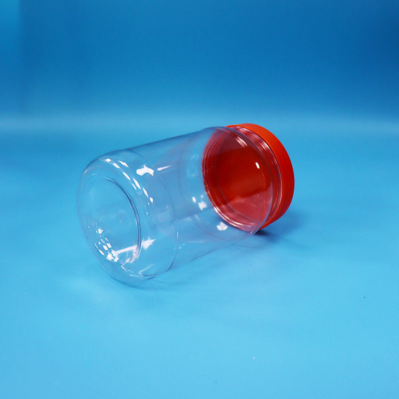 স্বচ্ছ পিইটি প্লাস্টিক বৃত্তাকার খাদ্য মিষ্টি কুকিজ প্যাকেজিং জার লাল রঙের স্ক্রু ক্যাপ