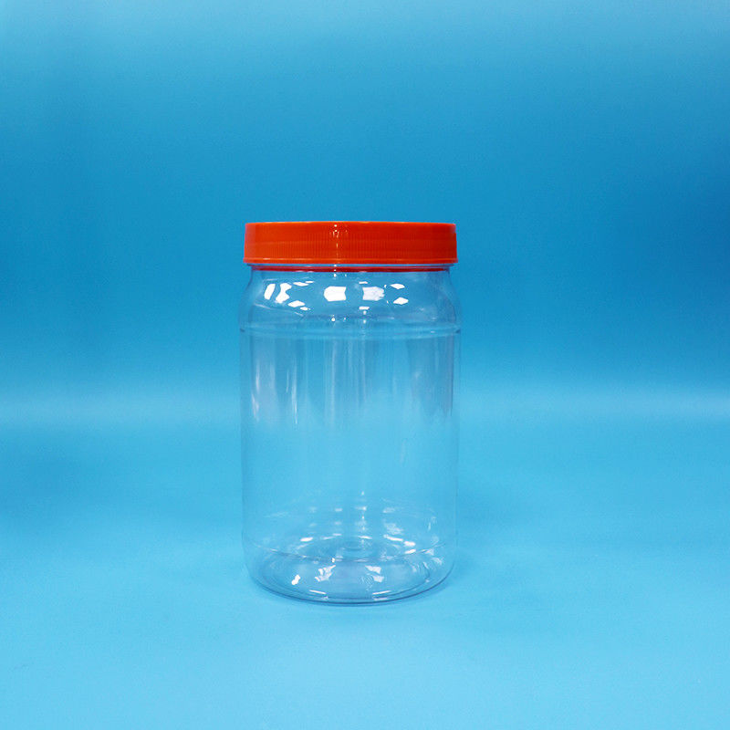 স্বচ্ছ পিইটি প্লাস্টিক বৃত্তাকার খাদ্য মিষ্টি কুকিজ প্যাকেজিং জার লাল রঙের স্ক্রু ক্যাপ