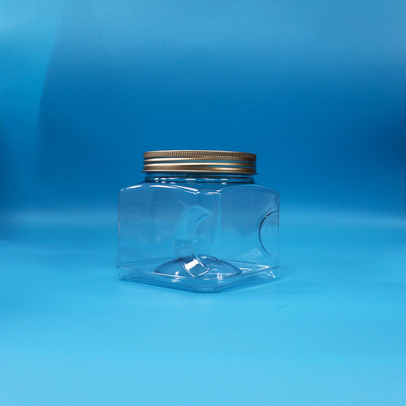 ক্যান্ডি ফুড স্ন্যাকস ফুড গ্রেড পিইটি ক্লিয়ার স্কয়ার ফর্ম প্লাস্টিকের গ্রিপ জার অ্যালুমিনিয়াম ক্যাপ