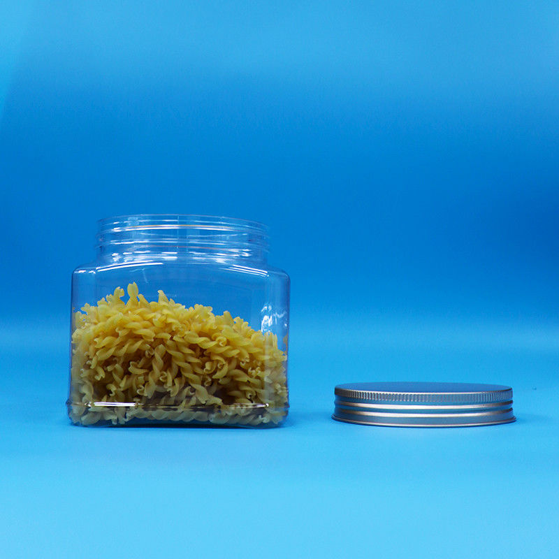 ক্যান্ডি ফুড স্ন্যাকস ফুড গ্রেড পিইটি ক্লিয়ার স্কয়ার ফর্ম প্লাস্টিকের গ্রিপ জার অ্যালুমিনিয়াম ক্যাপ