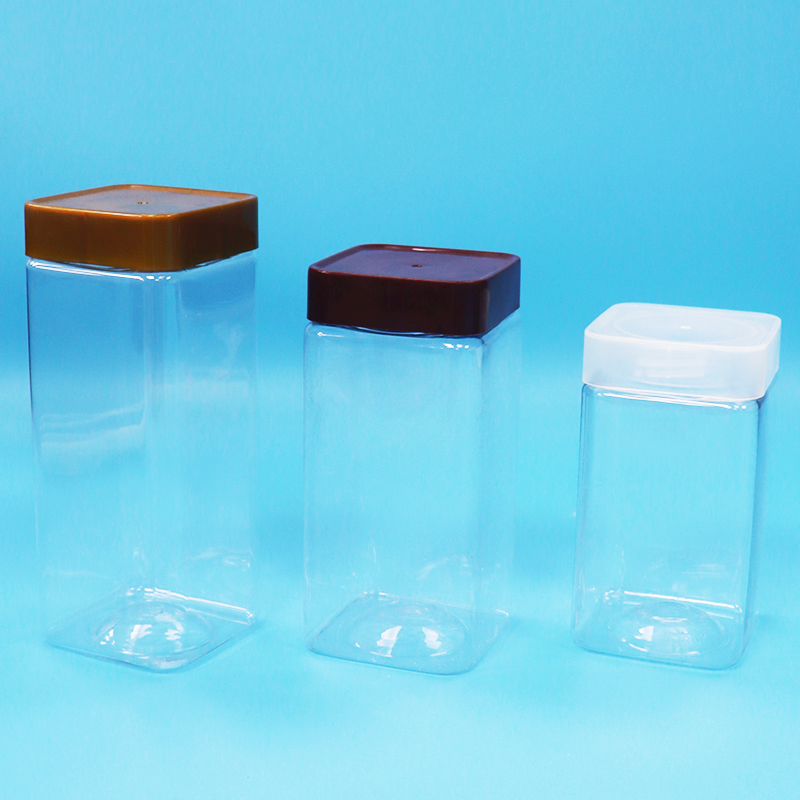 Food Grade Candy Food Snack Nuts PET Transparent Square Plastic Jar Screw Flat Lid