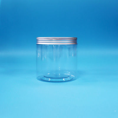 স্বচ্ছ গোলাকার প্রশস্ত মুখ সিলিন্ডার পিইটি প্লাস্টিকের মিষ্টি খাদ্য কুকি জার অ্যালুমিনিয়াম ক্যাপ