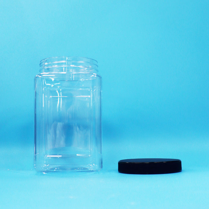 স্বচ্ছ প্যাকেজিং জার বর্গাকার আকৃতি প্লাস্টিক পিইটি কালো ঢাকনা খাদ্য জন্য মিষ্টি কুকিজ নুডলস