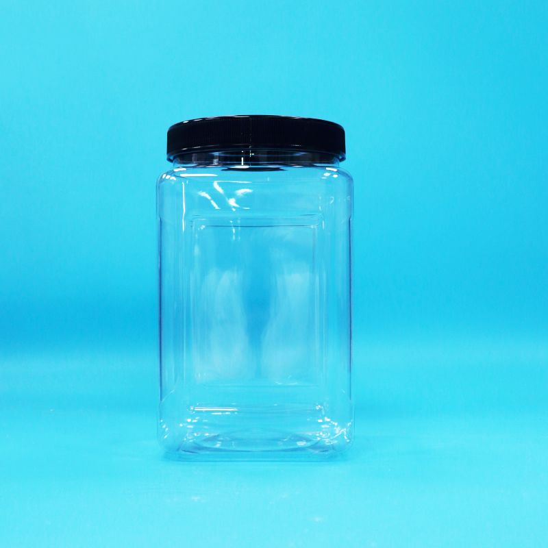 স্বচ্ছ জার বর্গাকার আকৃতি প্লাস্টিক পিইটি কালো ঢাকনা খাদ্য জন্য মিষ্টি কুকিজ নুডলস