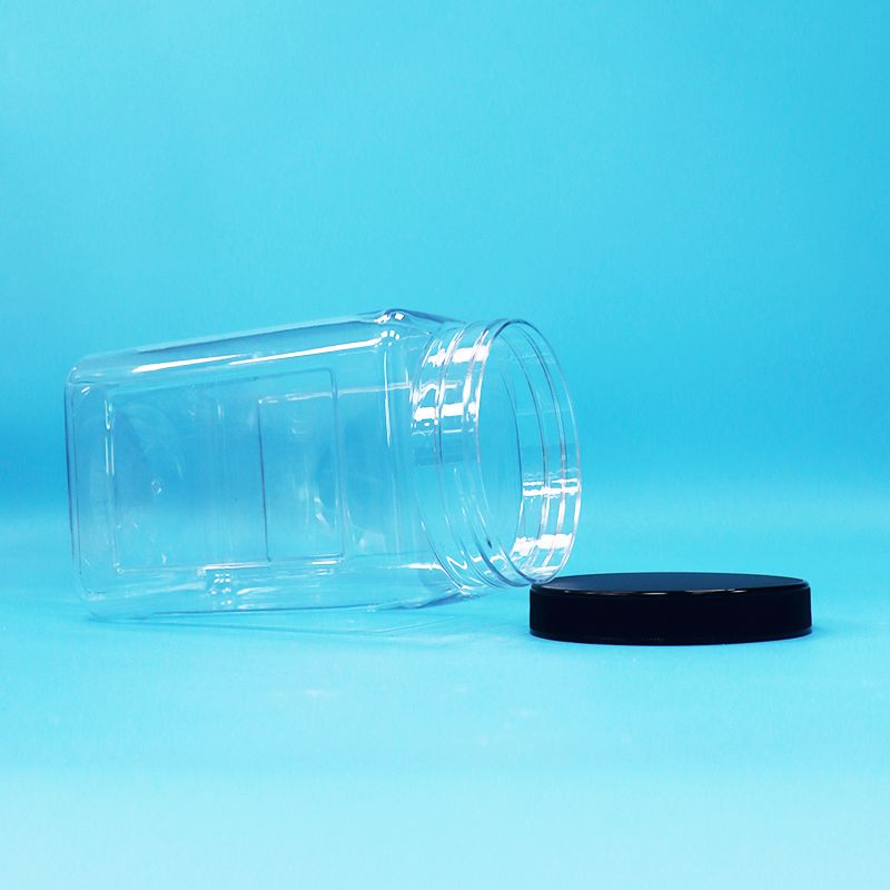 স্বচ্ছ জার বর্গাকার আকৃতি প্লাস্টিক পিইটি কালো ঢাকনা খাদ্য জন্য মিষ্টি কুকিজ নুডলস