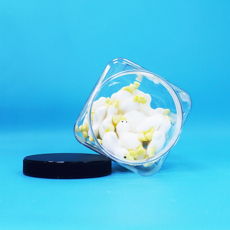 বর্গাকার আকৃতির স্বচ্ছ প্লাস্টিক পিইটি জার, কালো ক্যাপ সহ বেবি ফুড, ক্যান্ডি, কুকিজের জন্য