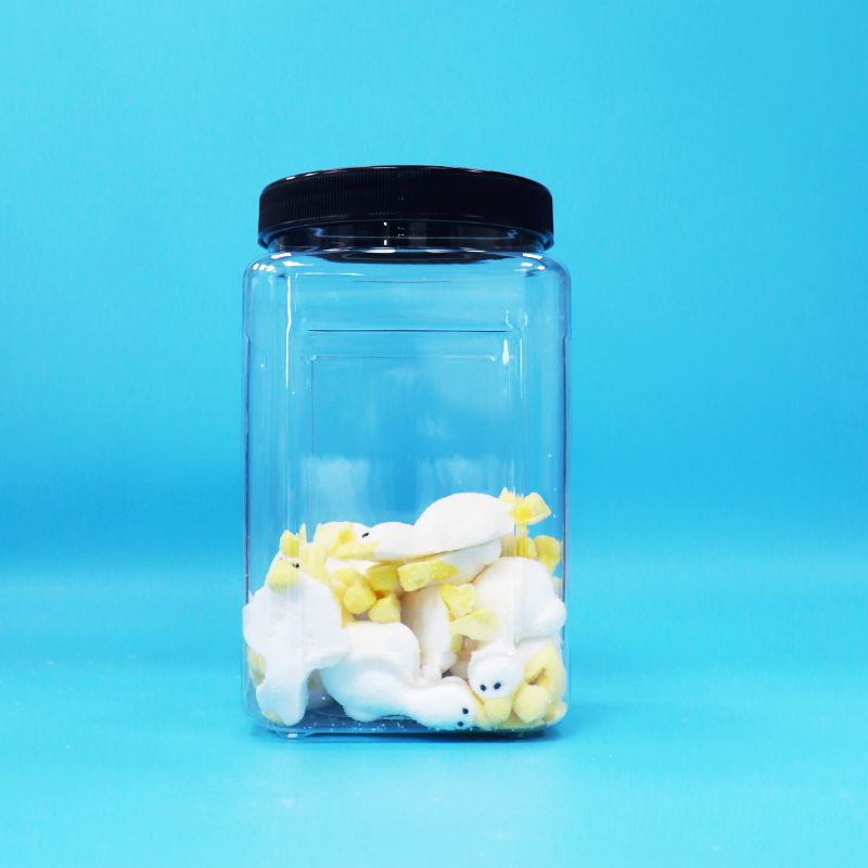 বর্গাকার আকৃতির স্বচ্ছ প্লাস্টিক পিইটি জার, কালো ক্যাপ সহ বেবি ফুড, ক্যান্ডি, কুকিজের জন্য