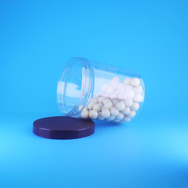 খাদ্য গ্রেড এয়ারটাইট লম্বা গোলাকার স্বচ্ছ PET প্লাস্টিক মিষ্টি শুকনো খাবারের জার স্ক্রু ফ্ল্যাট ঢাকনা