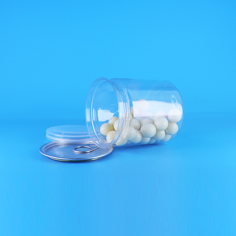 ফাঁস প্রতিরোধক সহজ খোলা ঢাকনা পরিষ্কার গোলাকার স্ন্যাক মিষ্টি পিইটি প্লাস্টিকের ক্যান খাদ্য প্যাকিং