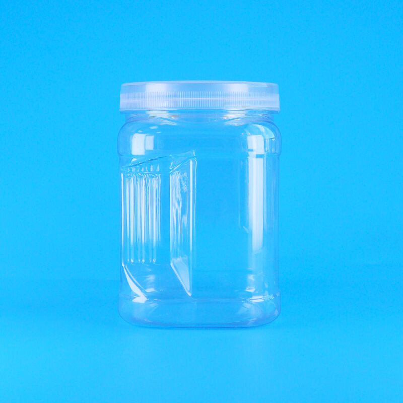 বর্গাকার স্বচ্ছ পোষা প্লাস্টিকের স্টোরেজ গ্রিপ বিয়ার বিস্কুট দুধের তারিখ ক্র্যানবেরি কুকিজ জার