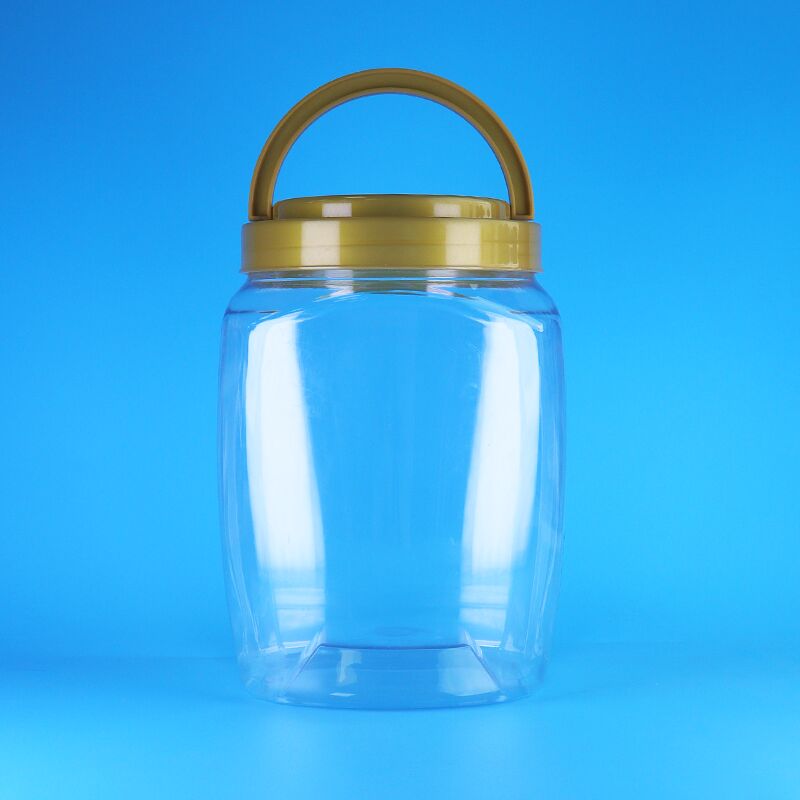 বর্গাকার আকৃতির হ্যান্ডেল ঢাকনা স্বচ্ছ প্লাস্টিকের পিইটি কুকিজ শুকনো ফল নুডলস সঞ্চয় জার