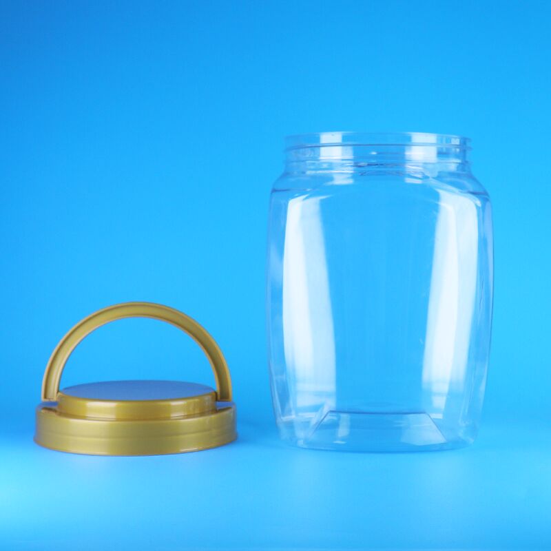 স্বচ্ছ বর্গাকার হ্যান্ডেল ফ্ল্যাট ক্যাপ প্লাস্টিকের পিইটি ক্যান্ডি কুকিজ শুকনো খাবার শিশুর খাবার জার