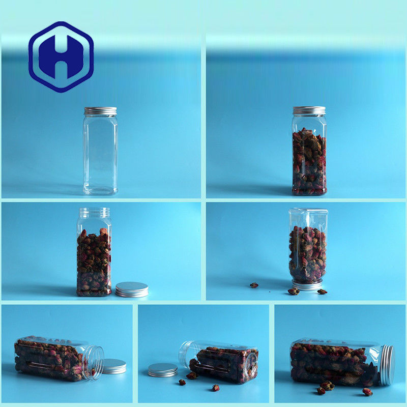 খাবারের জন্য 580ml স্কোয়ার পিইটি প্লাস্টিকের জার বায়ুরোধী প্রশস্ত মুখ খালি অ্যালুমিনিয়াম স্ক্রু ক্যাপ