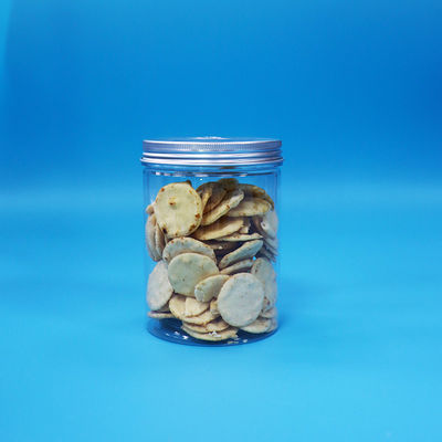 কাস্টম ফুড ক্যান্ডি কুকি স্বচ্ছ পিইটি প্লাস্টিকের বৃত্তাকার জার অ্যালুমিনিয়াম ফ্ল্যাট ক্যাপ