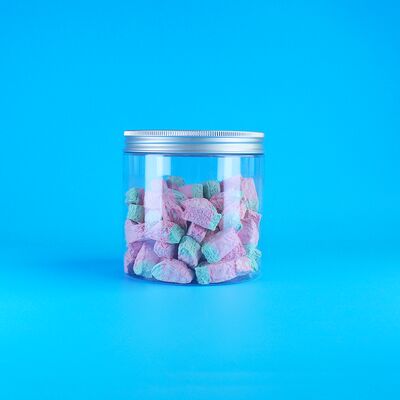 গোল অ্যালুমিনিয়াম সহজে খোলা যায় এমন ঢাকনাযুক্ত খাবার ক্যান্ডি কুকি জুঁই চা প্লাস্টিক স্বচ্ছ পিইটি জার